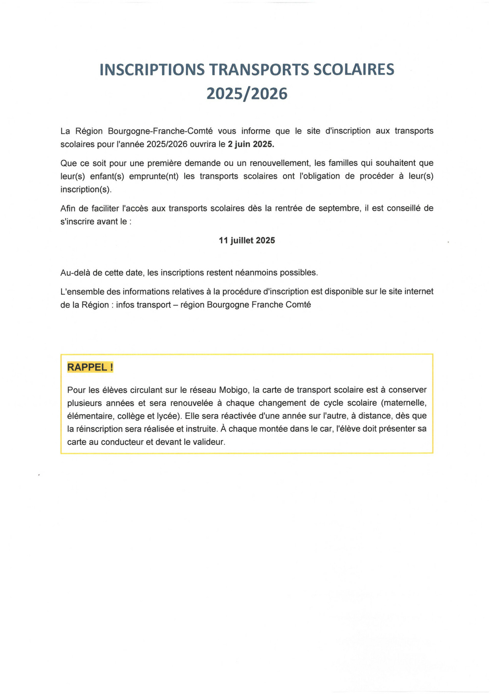 Inscriptions transports scolaires rentrée 2025/2026